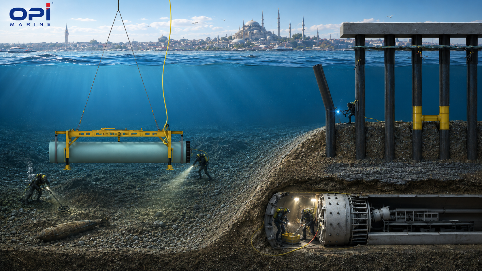 3D underwater engineering concept showing divers, TBM and subsea works